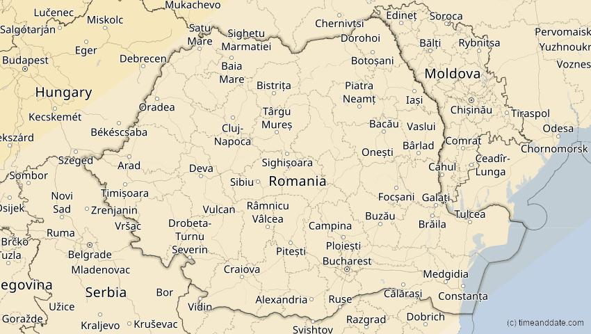A map of Rumänien, showing the path of the 18. Feb 2091 Partielle Sonnenfinsternis