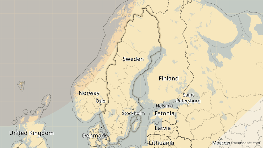 A map of Schweden, showing the path of the 18. Feb 2091 Partielle Sonnenfinsternis