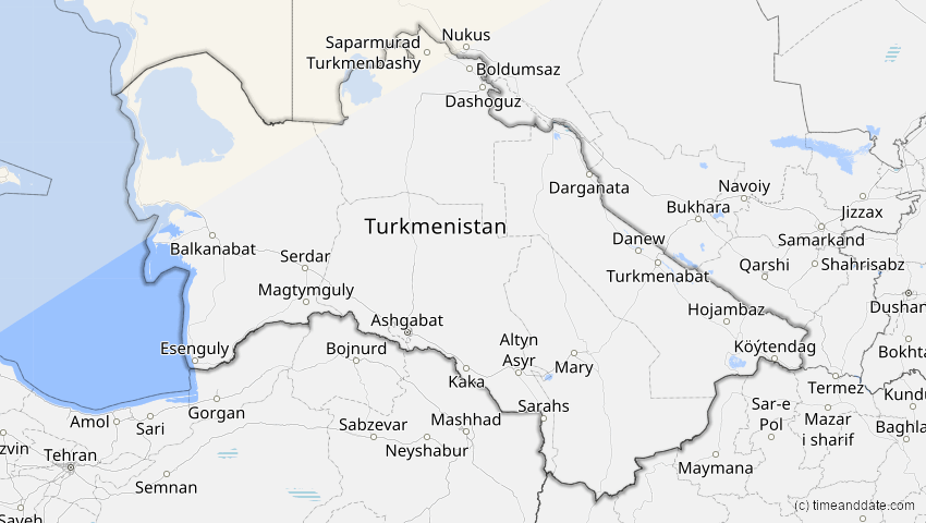 A map of Turkmenistan, showing the path of the 18. Feb 2091 Partielle Sonnenfinsternis