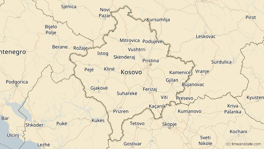 A map of Kosovo, showing the path of the 18. Feb 2091 Partielle Sonnenfinsternis