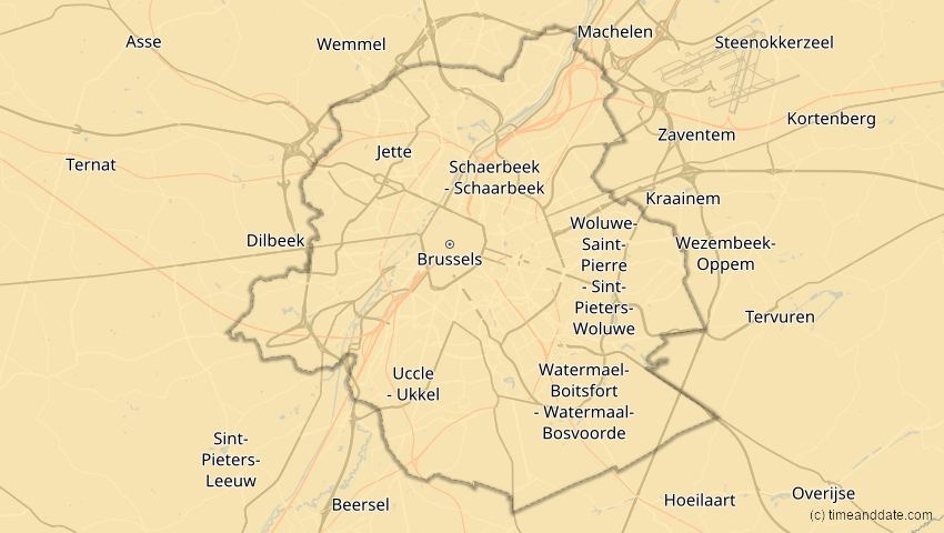 A map of Brüssel, Belgien, showing the path of the 18. Feb 2091 Partielle Sonnenfinsternis