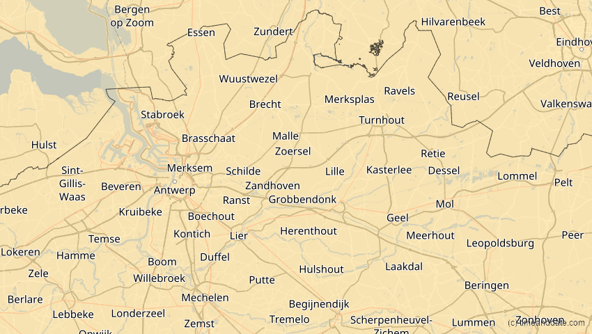 A map of Antwerpen, Belgien, showing the path of the 18. Feb 2091 Partielle Sonnenfinsternis