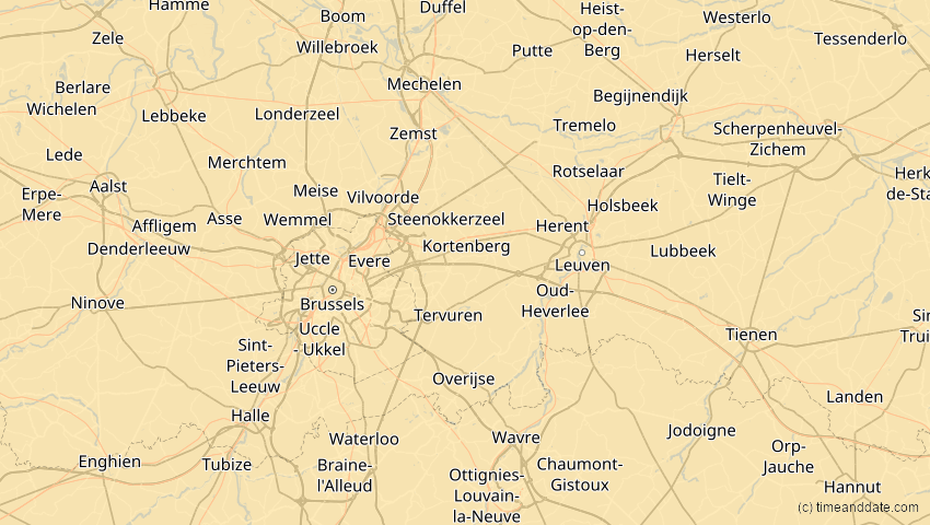 A map of Flämisch-Brabant, Belgien, showing the path of the 18. Feb 2091 Partielle Sonnenfinsternis