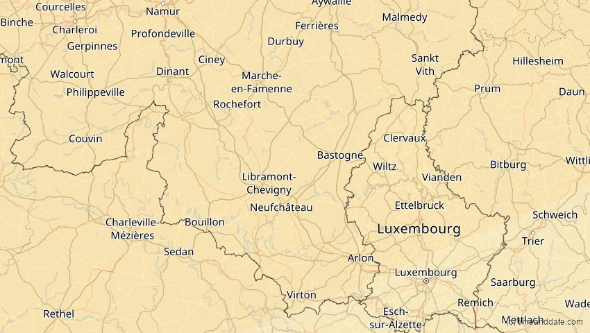 A map of Luxemburg, Belgien, showing the path of the 18. Feb 2091 Partielle Sonnenfinsternis