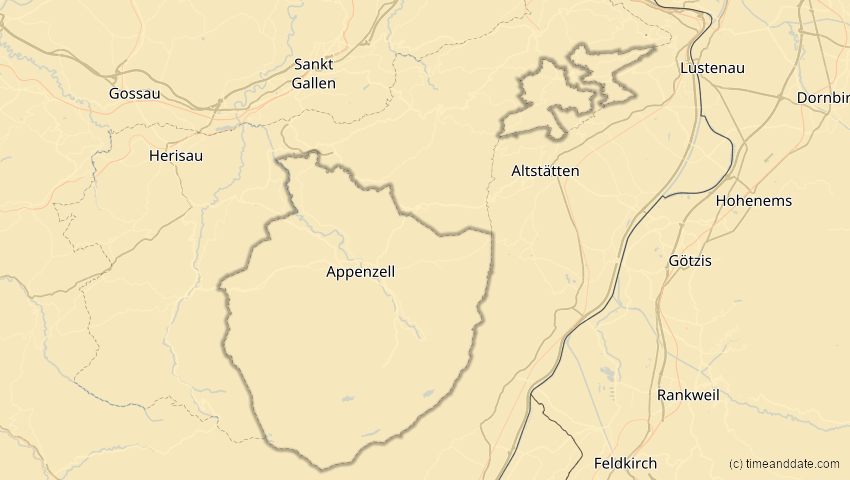 A map of Appenzell Innerrhoden, Schweiz, showing the path of the 18. Feb 2091 Partielle Sonnenfinsternis