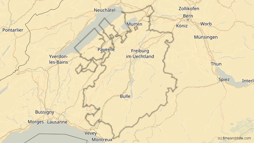 A map of Freiburg, Schweiz, showing the path of the 18. Feb 2091 Partielle Sonnenfinsternis