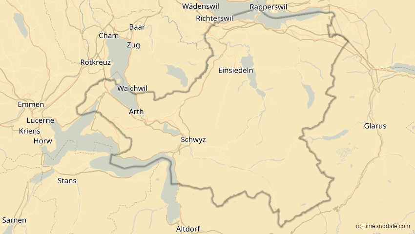 A map of Schwyz, Schweiz, showing the path of the 18. Feb 2091 Partielle Sonnenfinsternis