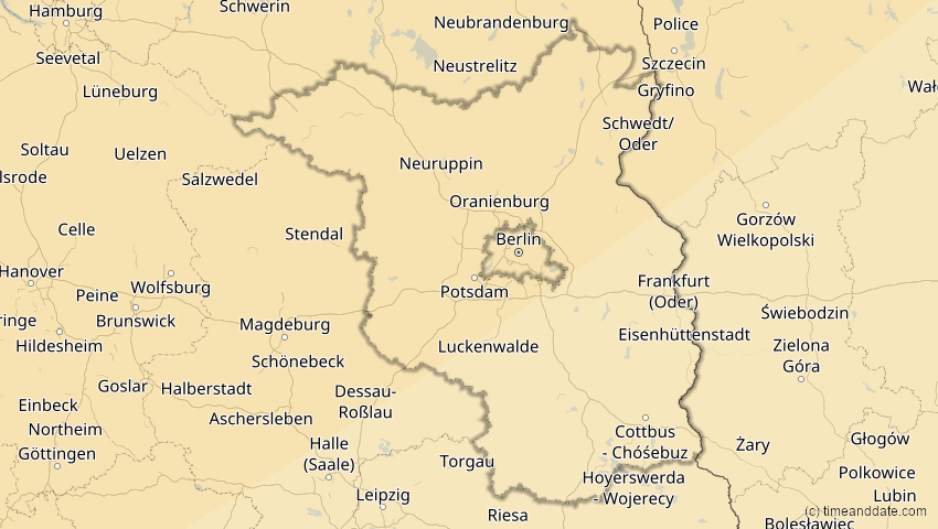 A map of Brandenburg, Deutschland, showing the path of the 18. Feb 2091 Partielle Sonnenfinsternis