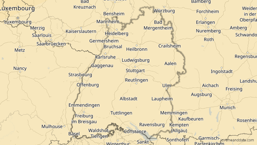 A map of Baden-Württemberg, Deutschland, showing the path of the 18. Feb 2091 Partielle Sonnenfinsternis