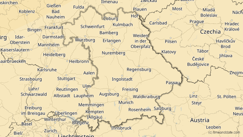 A map of Bayern, Deutschland, showing the path of the 18. Feb 2091 Partielle Sonnenfinsternis