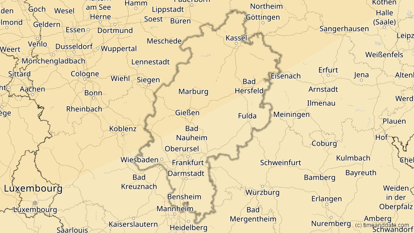 A map of Hessen, Deutschland, showing the path of the 18. Feb 2091 Partielle Sonnenfinsternis