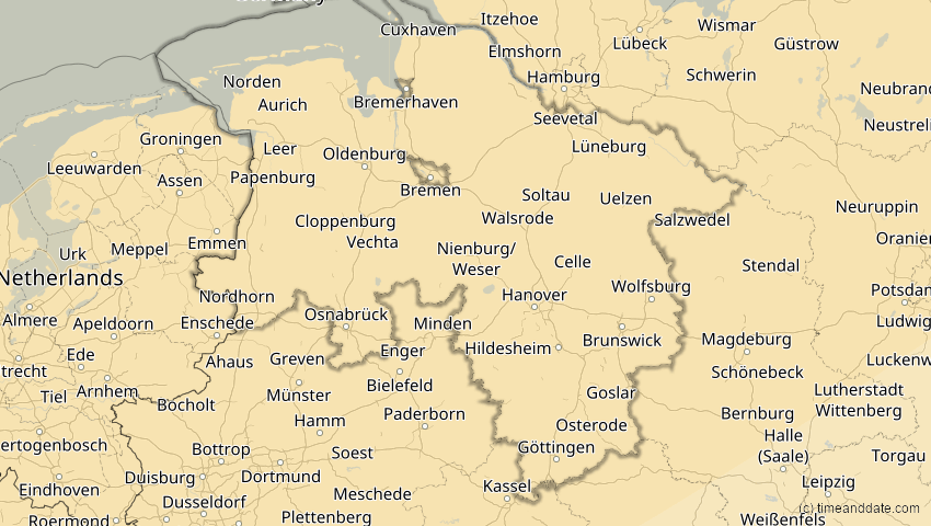 A map of Niedersachsen, Deutschland, showing the path of the 18. Feb 2091 Partielle Sonnenfinsternis