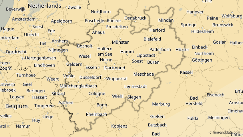 A map of Nordrhein-Westfalen, Deutschland, showing the path of the 18. Feb 2091 Partielle Sonnenfinsternis