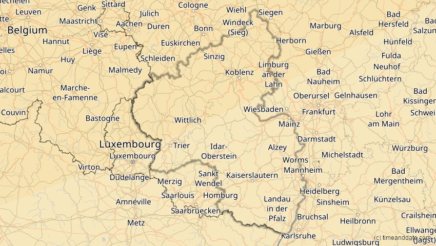 A map of Rheinland-Pfalz, Deutschland, showing the path of the 18. Feb 2091 Partielle Sonnenfinsternis