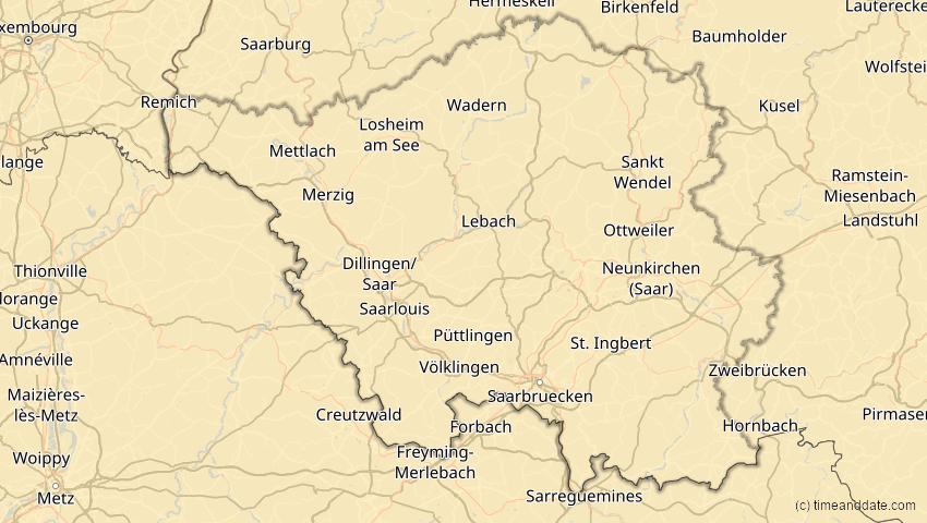 A map of Saarland, Deutschland, showing the path of the 18. Feb 2091 Partielle Sonnenfinsternis