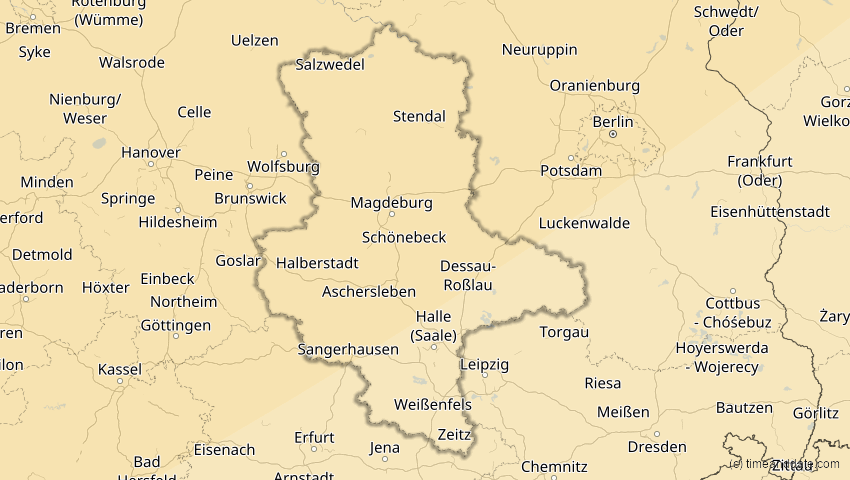 A map of Sachsen-Anhalt, Deutschland, showing the path of the 18. Feb 2091 Partielle Sonnenfinsternis