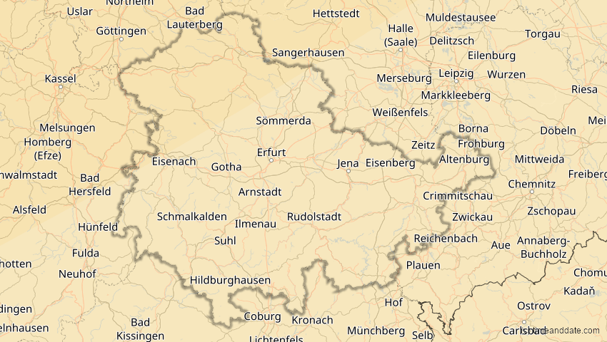 A map of Thüringen, Deutschland, showing the path of the 18. Feb 2091 Partielle Sonnenfinsternis