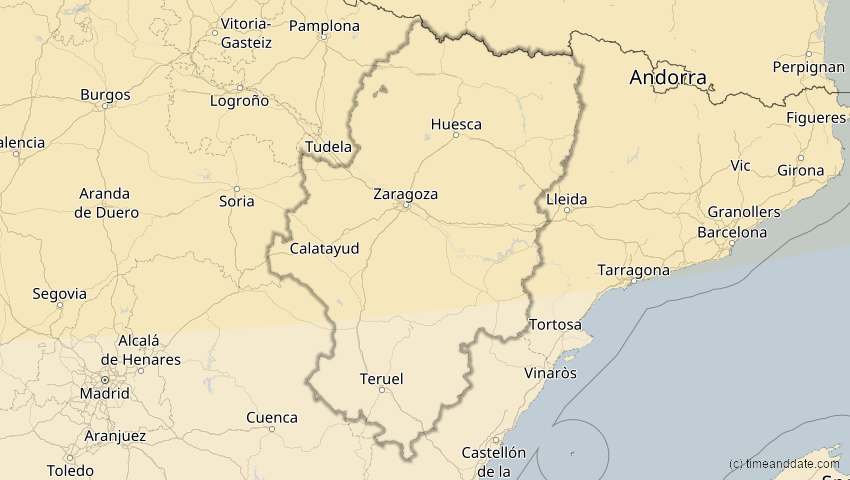 A map of Aragonien, Spanien, showing the path of the 18. Feb 2091 Partielle Sonnenfinsternis