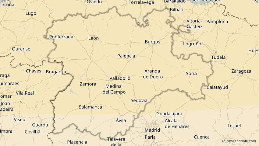 A map of Kastilien und León, Spanien, showing the path of the 18. Feb 2091 Partielle Sonnenfinsternis