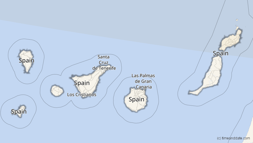 A map of Kanarische Inseln, Spanien, showing the path of the 18. Feb 2091 Partielle Sonnenfinsternis