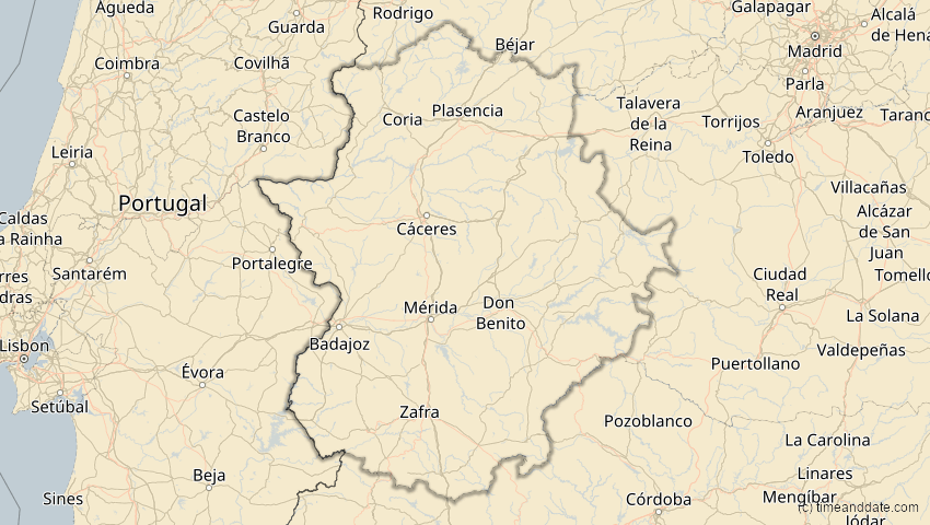 A map of Extremadura, Spanien, showing the path of the 18. Feb 2091 Partielle Sonnenfinsternis