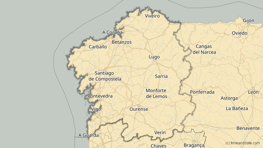 A map of Galicien, Spanien, showing the path of the 18. Feb 2091 Partielle Sonnenfinsternis