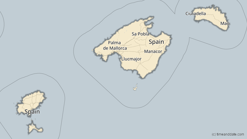 A map of Balearische Inseln, Spanien, showing the path of the 18. Feb 2091 Partielle Sonnenfinsternis