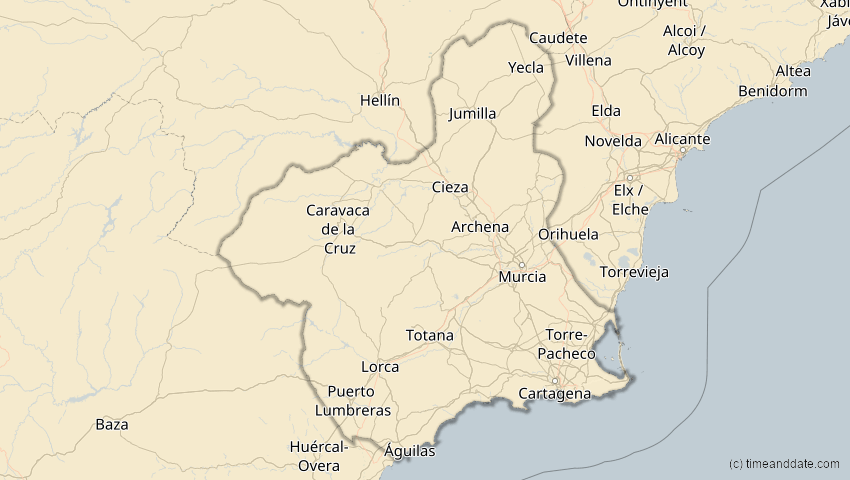 A map of Murcia, Spanien, showing the path of the 18. Feb 2091 Partielle Sonnenfinsternis
