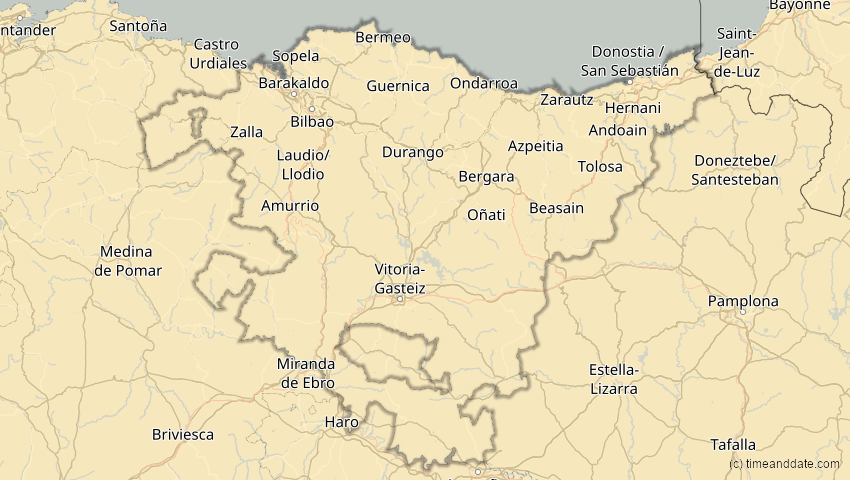 A map of Baskenland, Spanien, showing the path of the 18. Feb 2091 Partielle Sonnenfinsternis