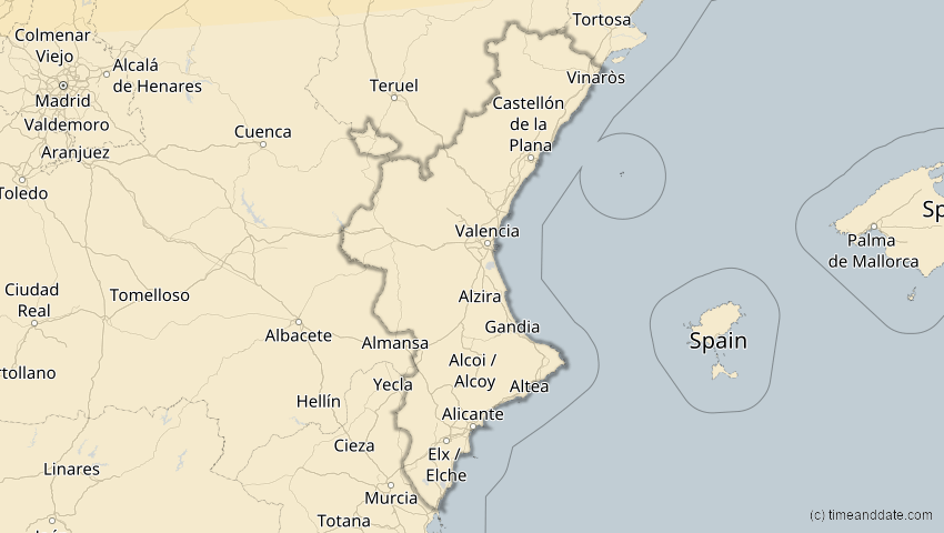 A map of Valencia, Spanien, showing the path of the 18. Feb 2091 Partielle Sonnenfinsternis