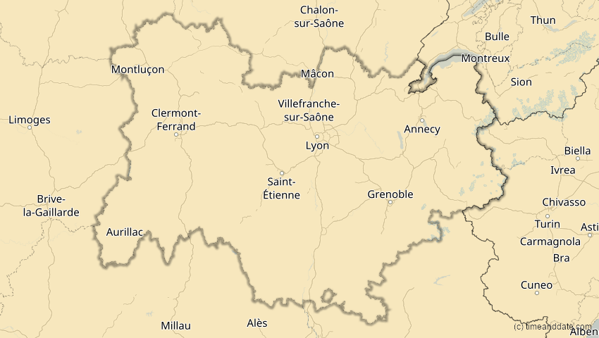 A map of Auvergne-Rhône-Alpes, Frankreich, showing the path of the 18. Feb 2091 Partielle Sonnenfinsternis