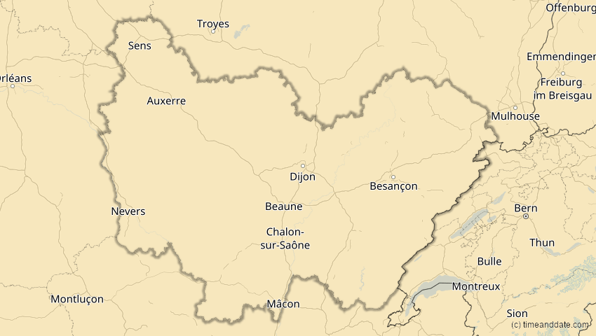 A map of Bourgogne-Franche-Comté, Frankreich, showing the path of the 18. Feb 2091 Partielle Sonnenfinsternis