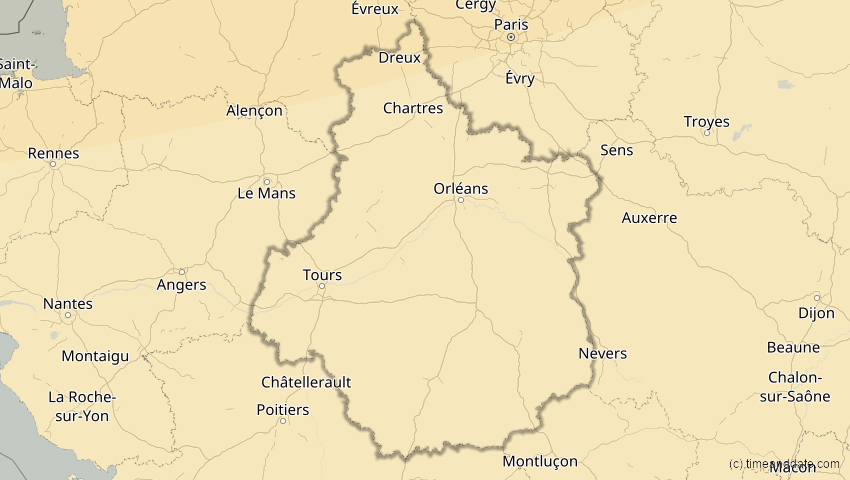 A map of Centre-Val de Loire, Frankreich, showing the path of the 18. Feb 2091 Partielle Sonnenfinsternis