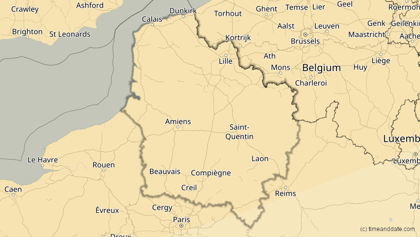 A map of Hauts-de-France, Frankreich, showing the path of the 18. Feb 2091 Partielle Sonnenfinsternis