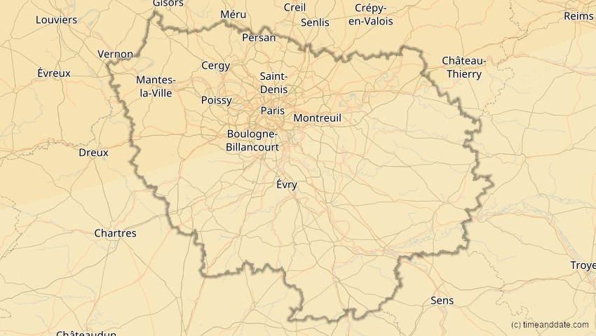 A map of Île-de-France, Frankreich, showing the path of the 18. Feb 2091 Partielle Sonnenfinsternis