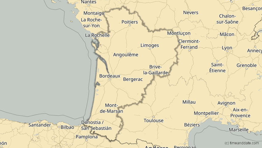 A map of Nouvelle-Aquitaine, Frankreich, showing the path of the 18. Feb 2091 Partielle Sonnenfinsternis