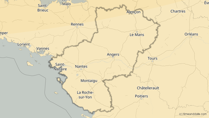 A map of Pays de la Loire, Frankreich, showing the path of the 18. Feb 2091 Partielle Sonnenfinsternis