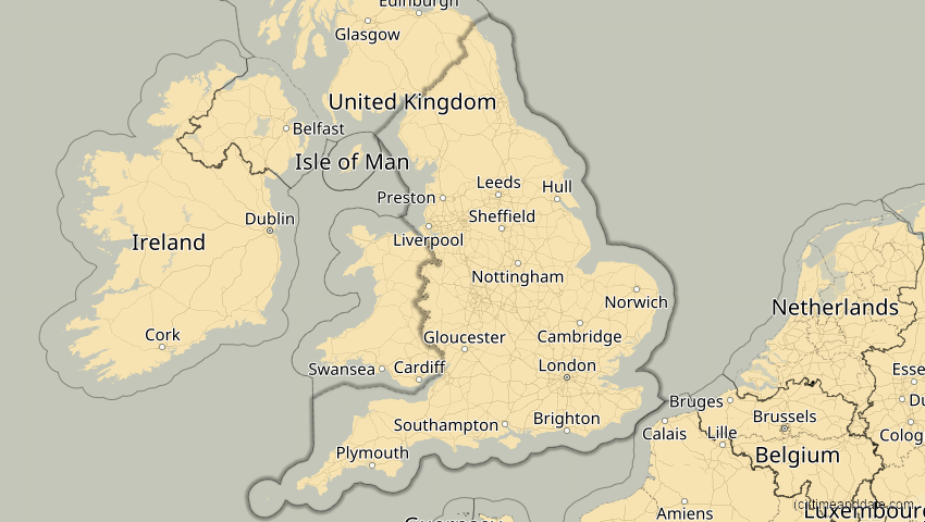 A map of England, Großbritannien, showing the path of the 18. Feb 2091 Partielle Sonnenfinsternis