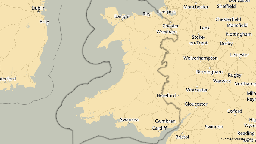 A map of Wales, Großbritannien, showing the path of the 18. Feb 2091 Partielle Sonnenfinsternis