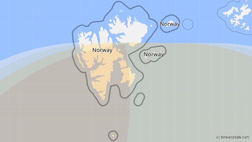 A map of Spitzbergen, Norwegen, showing the path of the 18. Feb 2091 Partielle Sonnenfinsternis