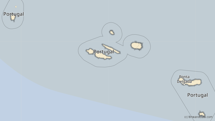 A map of Azoren, Portugal, showing the path of the 18. Feb 2091 Partielle Sonnenfinsternis