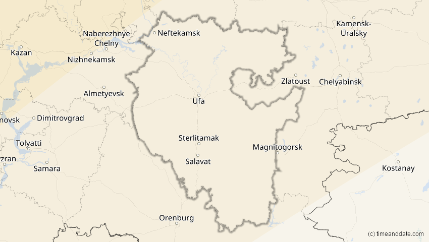 A map of Baschkortostan, Russland, showing the path of the 18. Feb 2091 Partielle Sonnenfinsternis