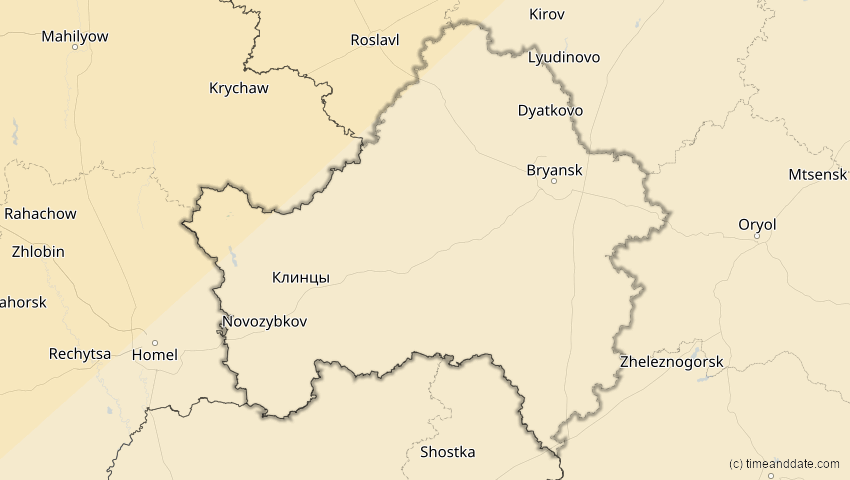 A map of Brjansk, Russland, showing the path of the 18. Feb 2091 Partielle Sonnenfinsternis