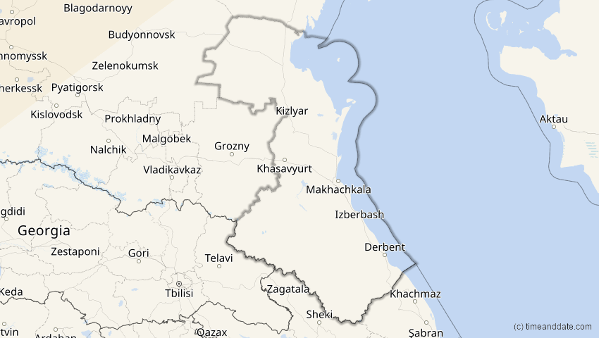 A map of Dagestan, Russland, showing the path of the 18. Feb 2091 Partielle Sonnenfinsternis