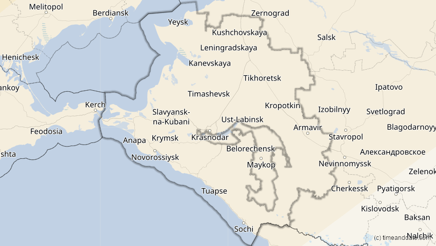 A map of Krasnodar, Russland, showing the path of the 18. Feb 2091 Partielle Sonnenfinsternis