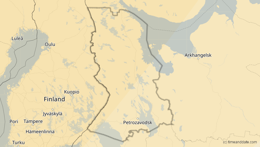 A map of Karelien, Russland, showing the path of the 18. Feb 2091 Partielle Sonnenfinsternis