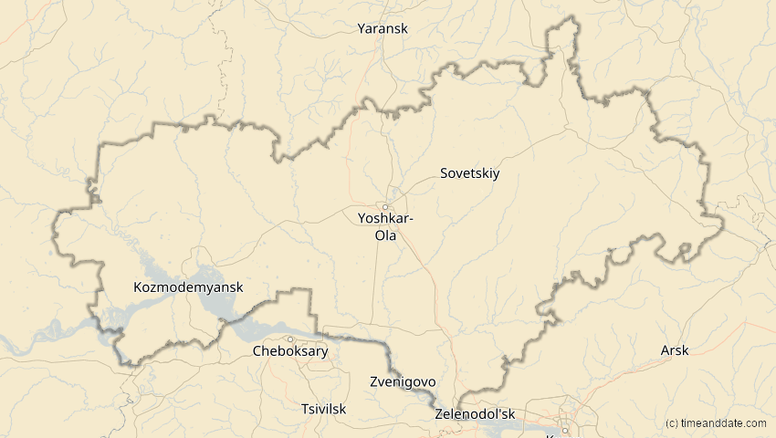 A map of Mari El, Russland, showing the path of the 18. Feb 2091 Partielle Sonnenfinsternis