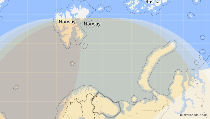 A map of Murmansk, Russland, showing the path of the 18. Feb 2091 Partielle Sonnenfinsternis