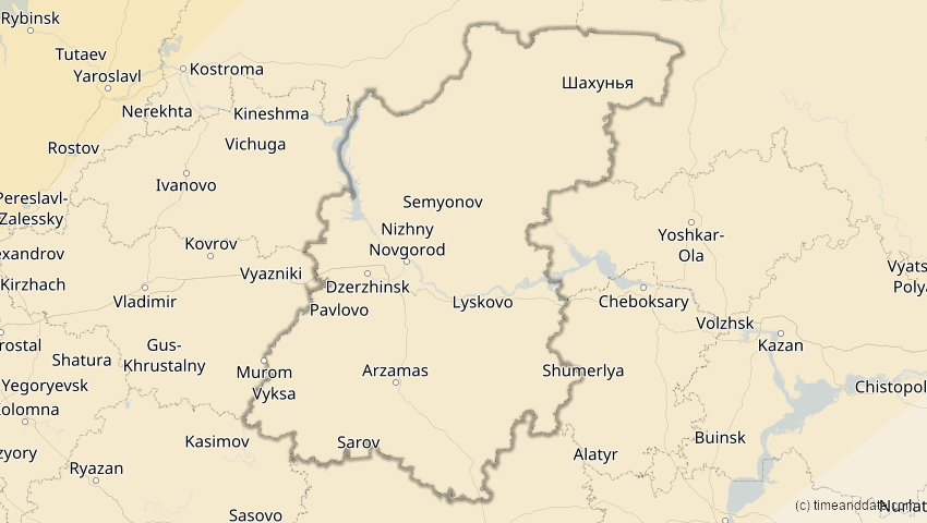 A map of Nischni Nowgorod, Russland, showing the path of the 18. Feb 2091 Partielle Sonnenfinsternis