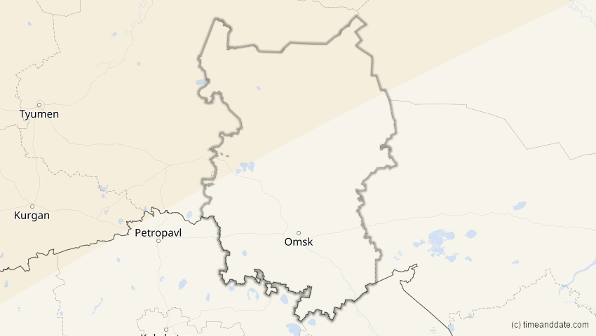 A map of Omsk, Russland, showing the path of the 18. Feb 2091 Partielle Sonnenfinsternis